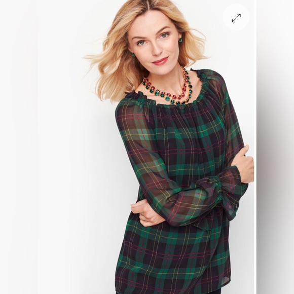 TALBOTS Petite Plaid Popover Blouse Top Shirt Tartan Flowy Green Black Pink - Picture 14 of 14